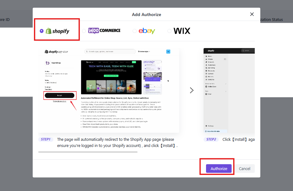 Ventana Add Authorize con Shopify seleccionado y el botón Authorize marcado
