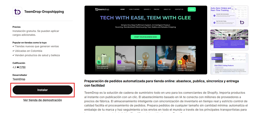 Página de la app TeemDrop en la tienda de apps de Shopify con el botón Instalar marcado