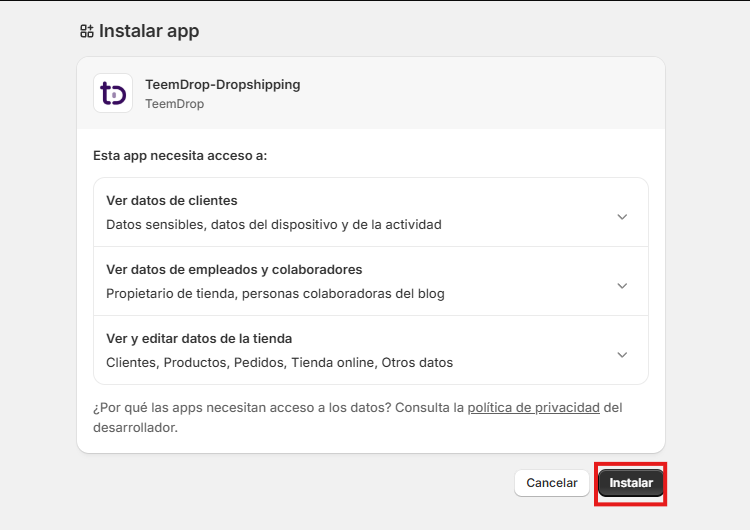 Pantalla de permisos de la app con el botón Instalar marcado